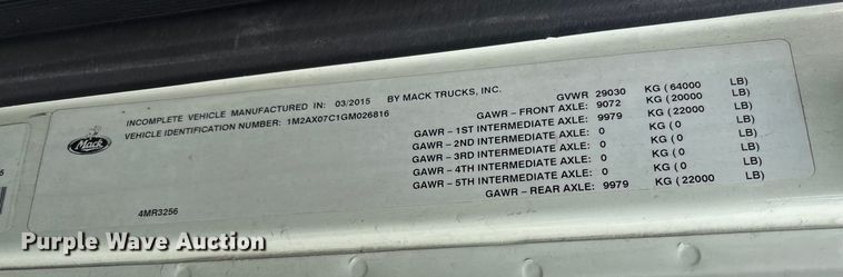 image for item YA2645 2016 Mack GU713 dump truck