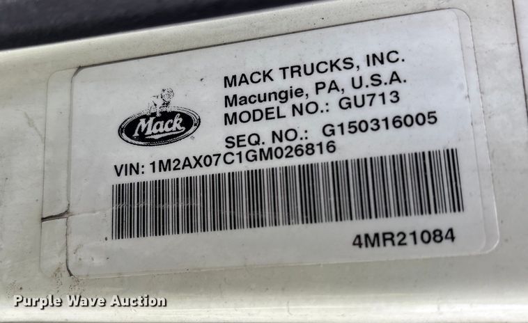 image for item YA2645 2016 Mack GU713 dump truck