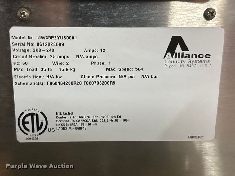 image for item ET1838 Alliance UW35P2Y080001 PPE washer