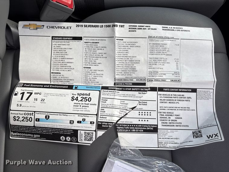 image for item EU0521 2019 Chevrolet Silverado 1500 Ext. Cab pickup truck