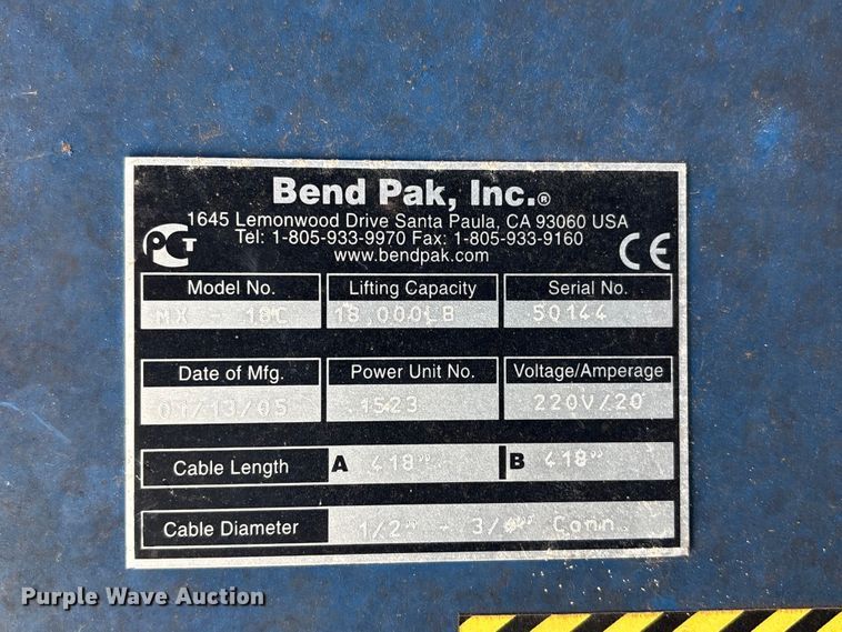 image for item EU7491 2005 Bend Pak, Inc. MX-18C two post Lift