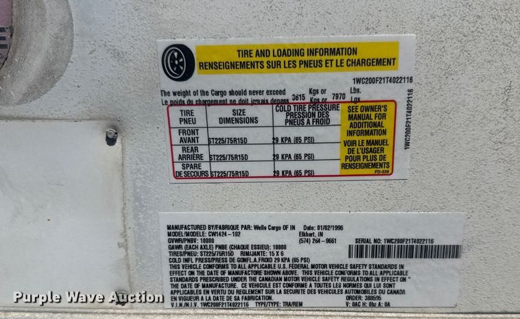 image for item FB8681 1996 Wells Cargo enclosed cargo trailer