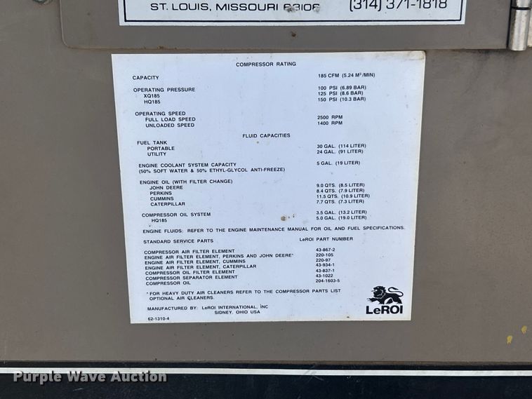 image for item FC5430 1996 LeRoi Q185DJE air compressor