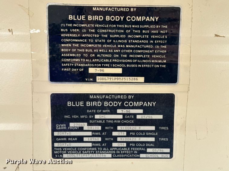 image for item ND9466 1996 Blue Bird B7 school bus