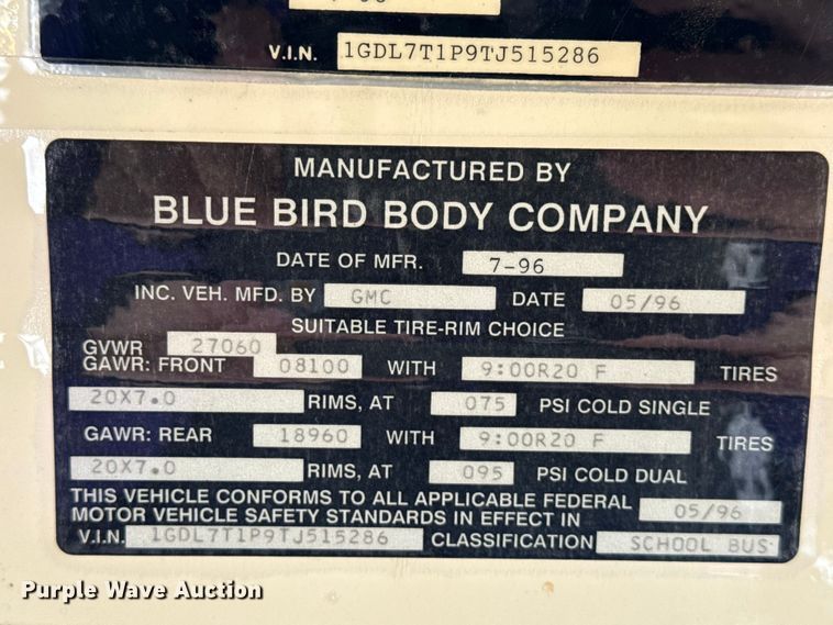 image for item ND9466 1996 Blue Bird B7 school bus