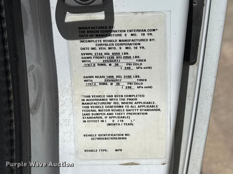 image for item NK9160 2019 Dodge Grand Caravan handicap accessible van