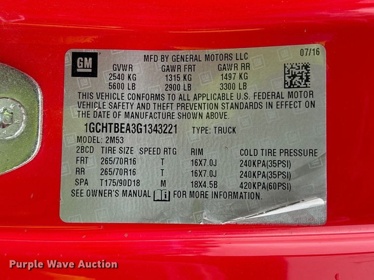 image for item YA2628 2016 Chevrolet Colorado Ext. Cab pickup truck