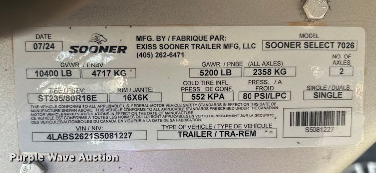 image for item EG1716 2025 Exiss Sooner Trailer Mfg. Sooner Select 7026 livestock trailer