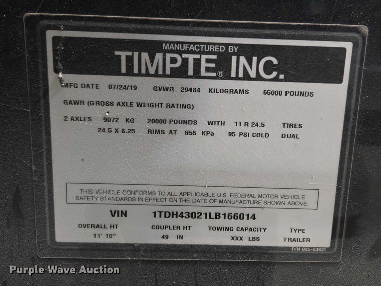 image for item ET5231 2020 Timpte Super Hopper grain trailer