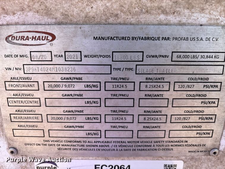 image for item FC2064 2021 Durahaul silage trailer