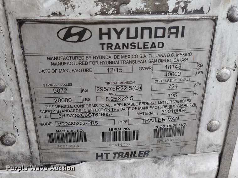image for item ED0007 2016 Hyundai Translead VR2480202-PRS refrigerated van trailer