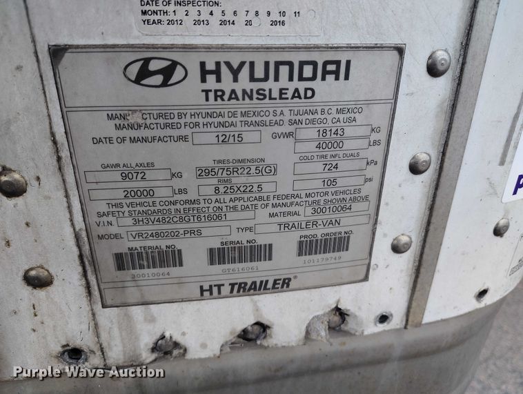image for item ED0008 2016 Hyundai Translead VR2480202-PRS refrigerated van trailer