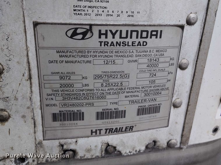 image for item ED0009 2016 Hyundai Translead VR2480202-PRS refrigerated van trailer