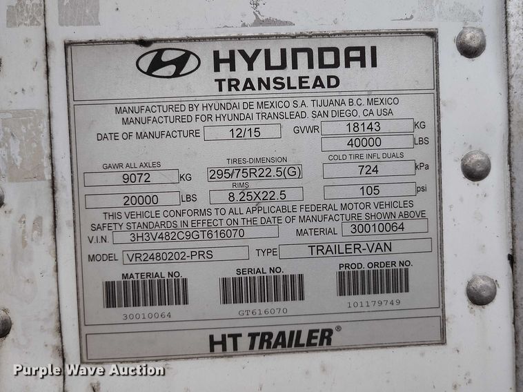 image for item ED0010 2016 Hyundai Translead VR2480202-PRS refrigerated van trailer
