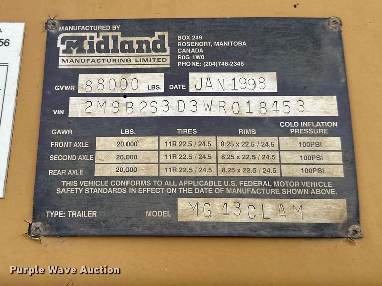 image for item FK0057 1998 Midland Mfg Ltd MG43Clam bottom dump trailer