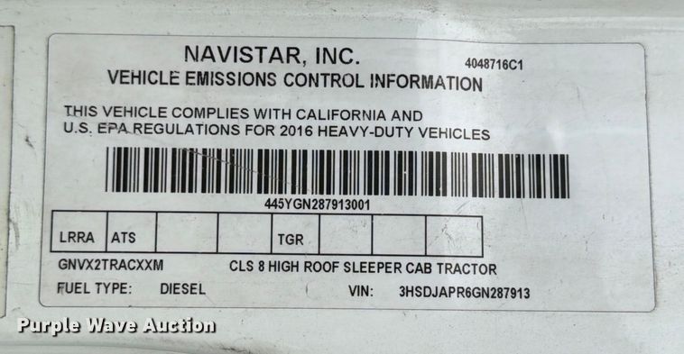 image for item YA1396 2016 International Prostar semi truck