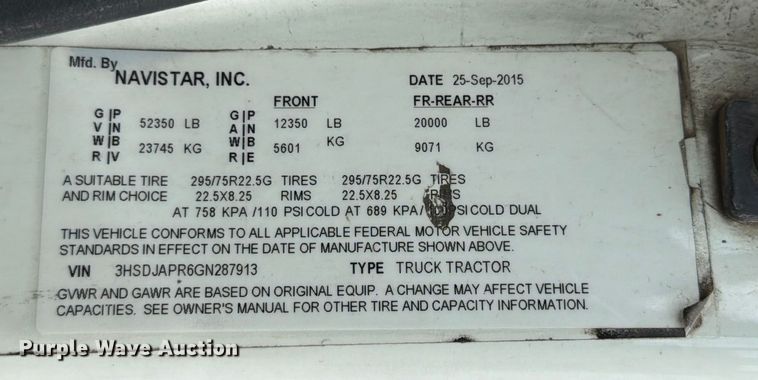 image for item YA1396 2016 International Prostar semi truck