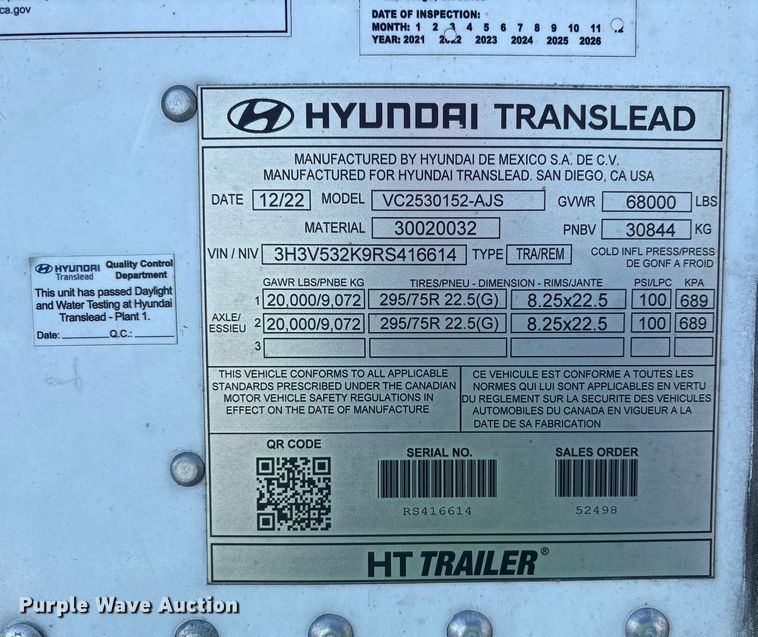 image for item YA2251 2024 Hyundai Translead VC2530152-AJS dry van trailer