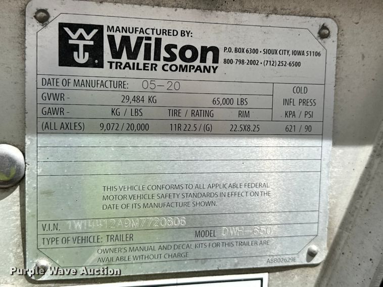 image for item YA2981 2021 Wilson DWH-650 grain trailer