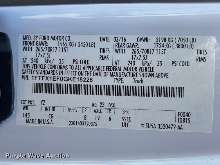 image for item DT0229 2016 Ford F150 Ext. Cab pickup truck