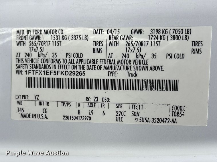 image for item DT0231 2015 Ford F150 Ext. Cab pickup truck