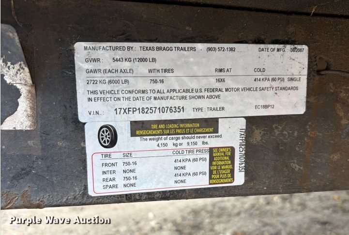 image for item DT2868 2007 Texas Bragg equipment trailer