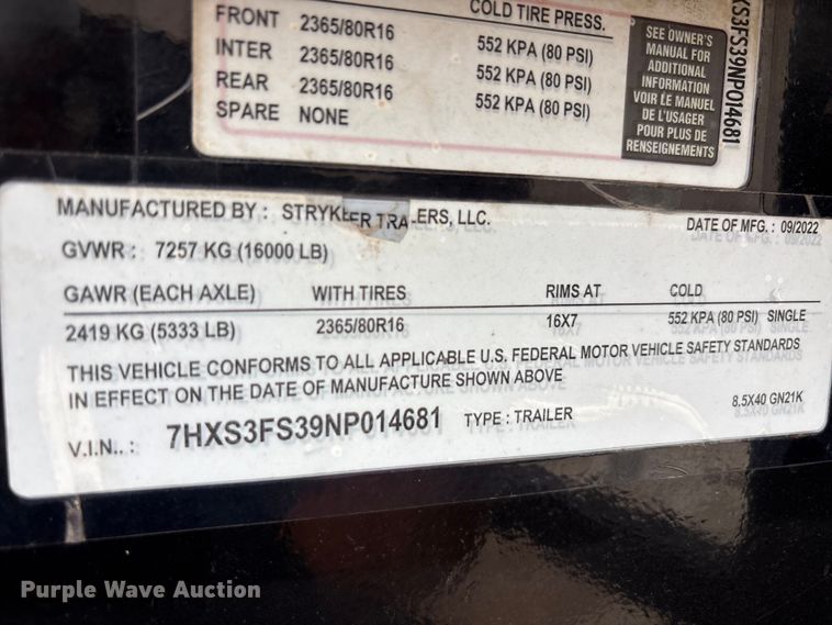 image for item DV8504 2022 Stryker trailers equipment trailer
