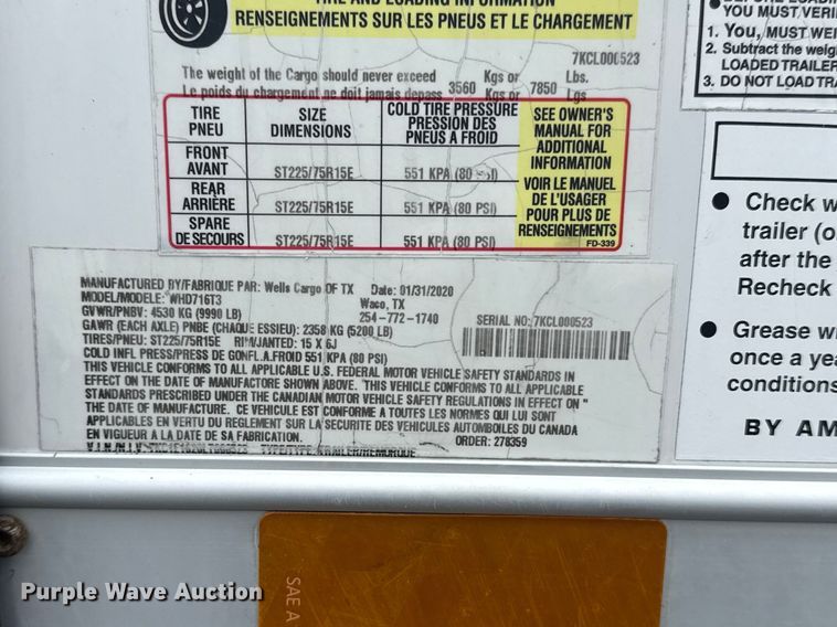 image for item EG8938 2020 Wells Cargo WHD716T3 enclosed cargo trailer
