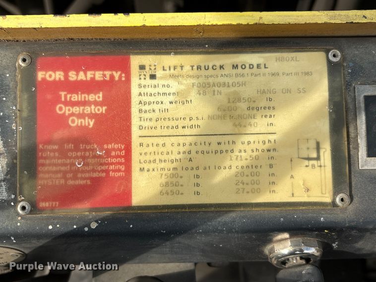 image for item EI5783 1987 Hyster H80XL forklift