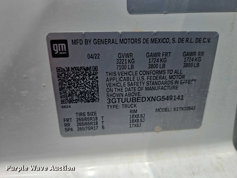 image for item EO7248 2022 GMC Sierra Crew Cab pickup truck