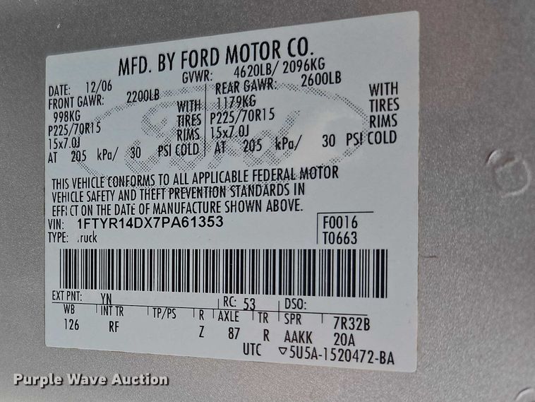 image for item EO7255 2007 Ford Ranger pickup truck