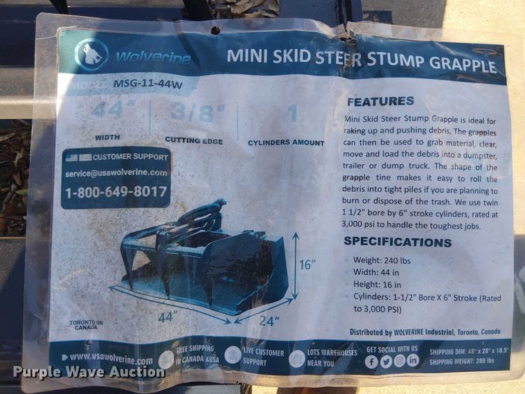 image for item ES8807 2025 Wolverine MSG-11-44W compact utility loader grapple bucket