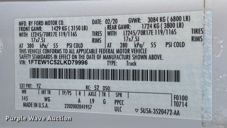 image for item ET1559 2020 Ford F150 Crew Cab pickup truck