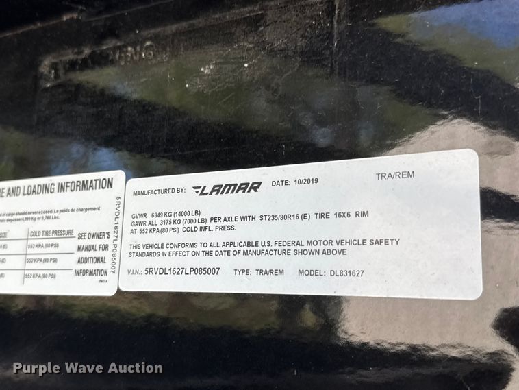 image for item ET1936 2020 Lamar DL831627 dump trailer