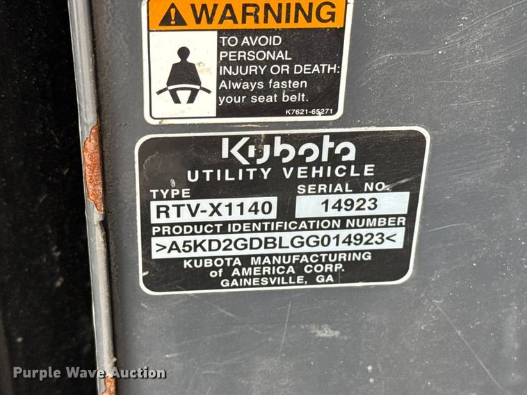 image for item ET6059 2016 Kubota RTV X1140 utility vehicle