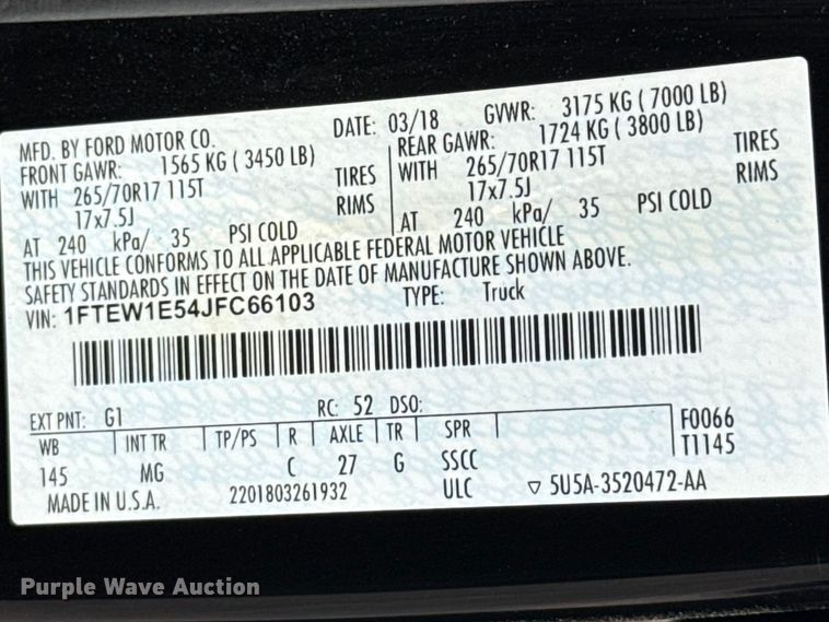 image for item ET6075 2018 Ford F150 Crew Cab pickup truck
