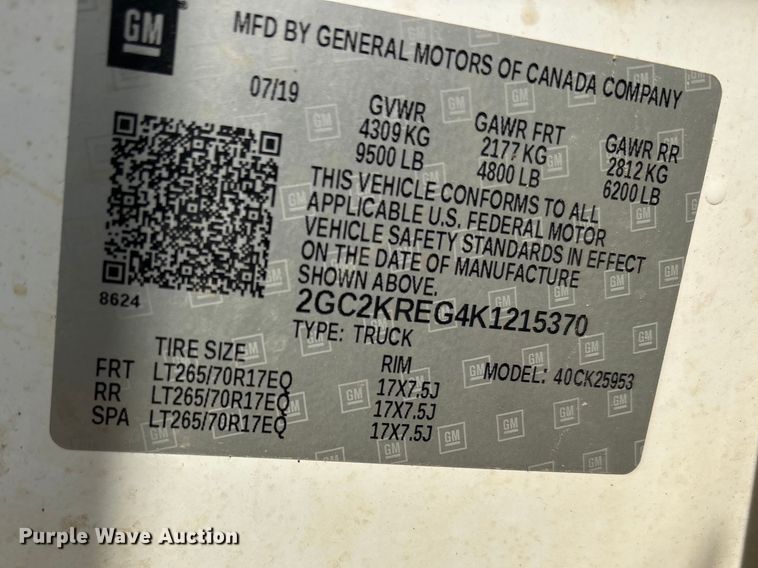 image for item EU0496 2019 Chevrolet Silverado 2500HD Ext. Cab pickup truck