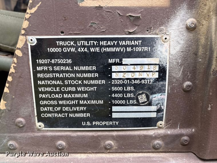 image for item EV2898 1988 AM General HMMWV SUV