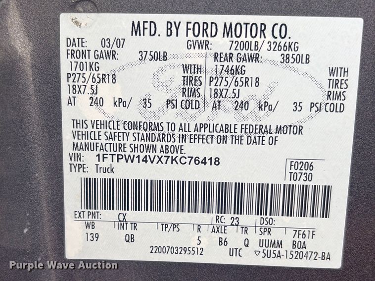image for item EV2899 2007 Ford F150 Crew Cab pickup truck