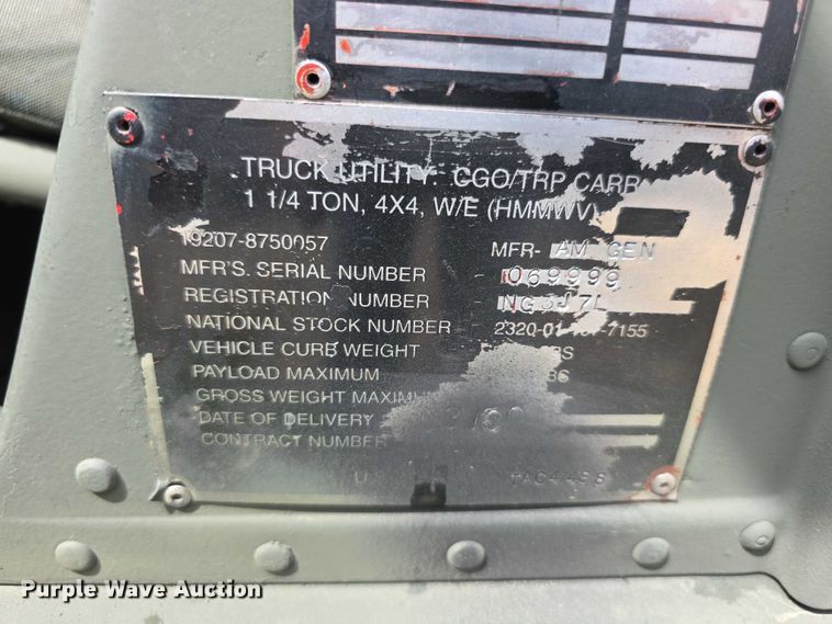 image for item FI1000 1990 AM General M998 Humvee SUV