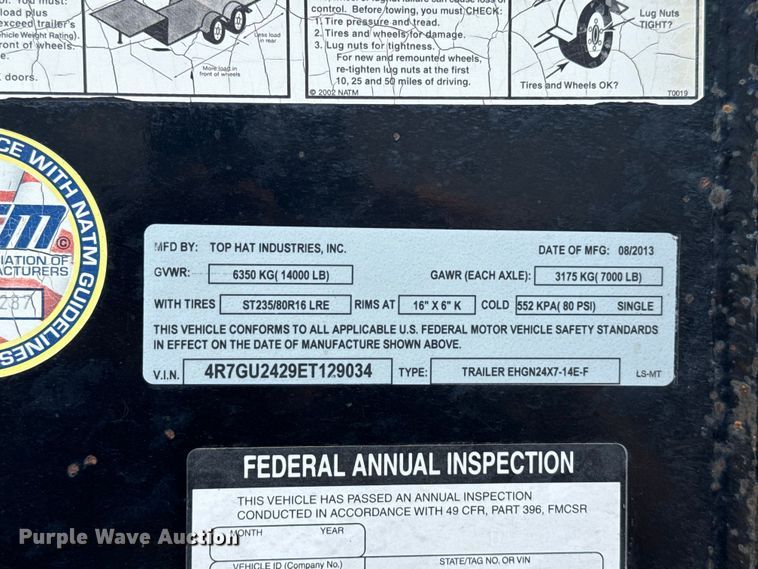 image for item NK9200 2014 Top Hat EHGN24X7-14E-F equipment trailer