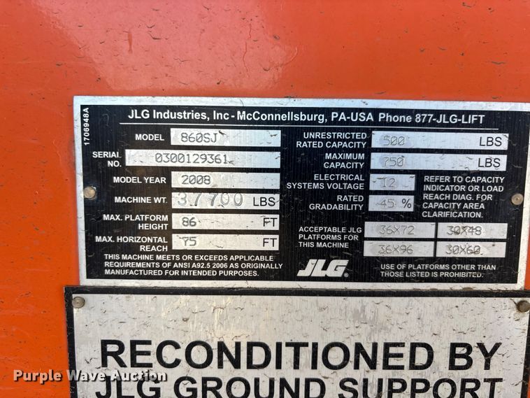 image for item DU0470 2008 JLG 860SJ boom lift