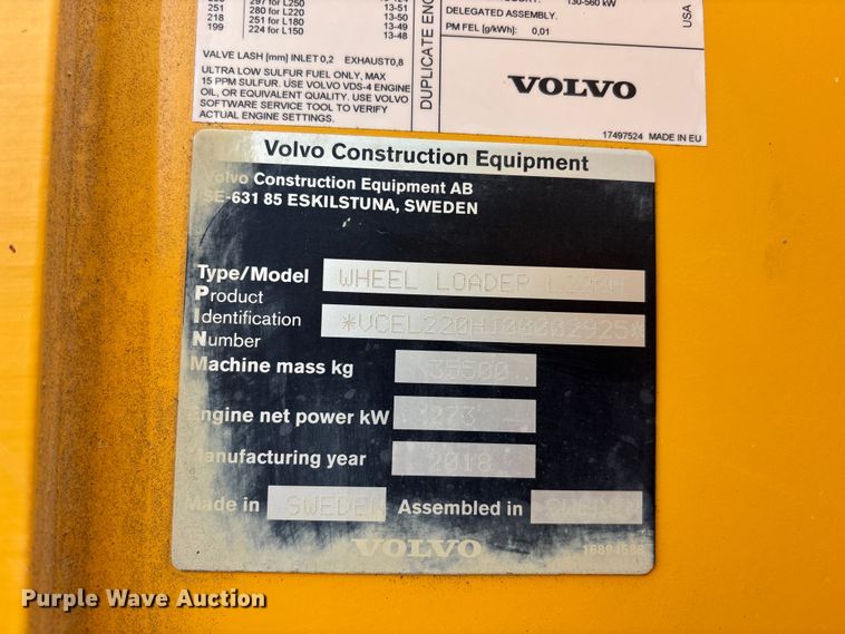 image for item EA4809 2018 Volvo L220H wheel loader