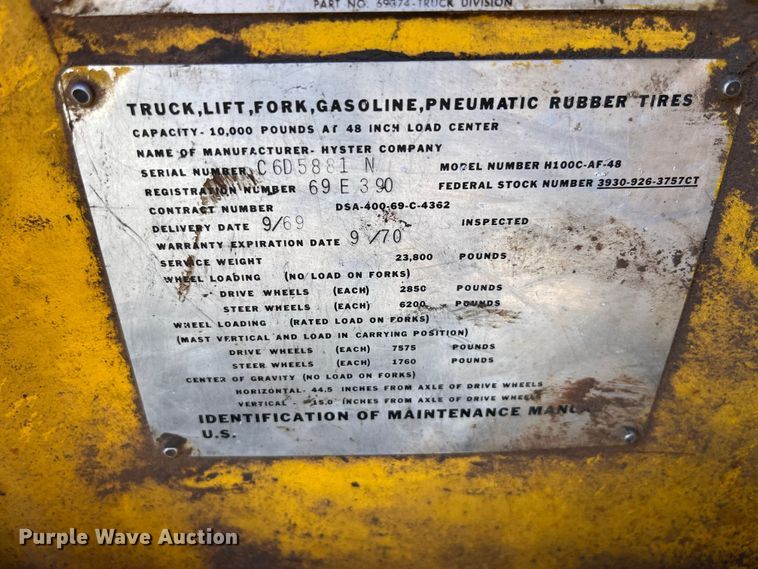 image for item EB1412 1969 Hyster H100C-AF-48 forklift