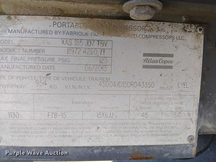 image for item EE5308 2013 Atlas Copco XAS 185 JDT TBV air compressor