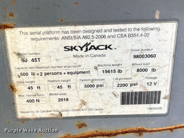 image for item EF1106 2018 Skyjack SJ45T boom lift