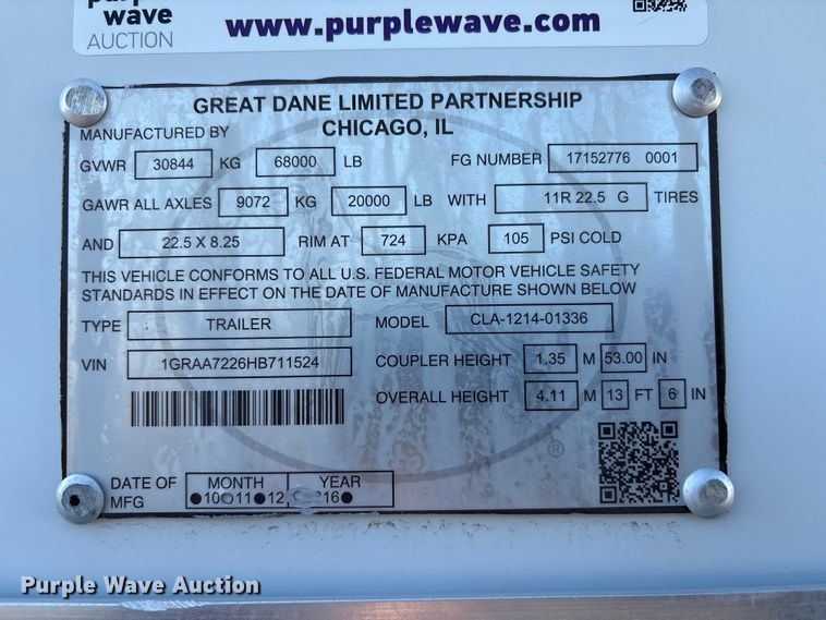 image for item EG8945 2017 Great Dane CLA-1214-01336 dry van trailer with Gulfgate oil purification system