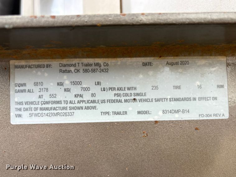 image for item EG8977 2020 Diamond T Trailer Mfg. Co 8314DMP-B14 dump trailer