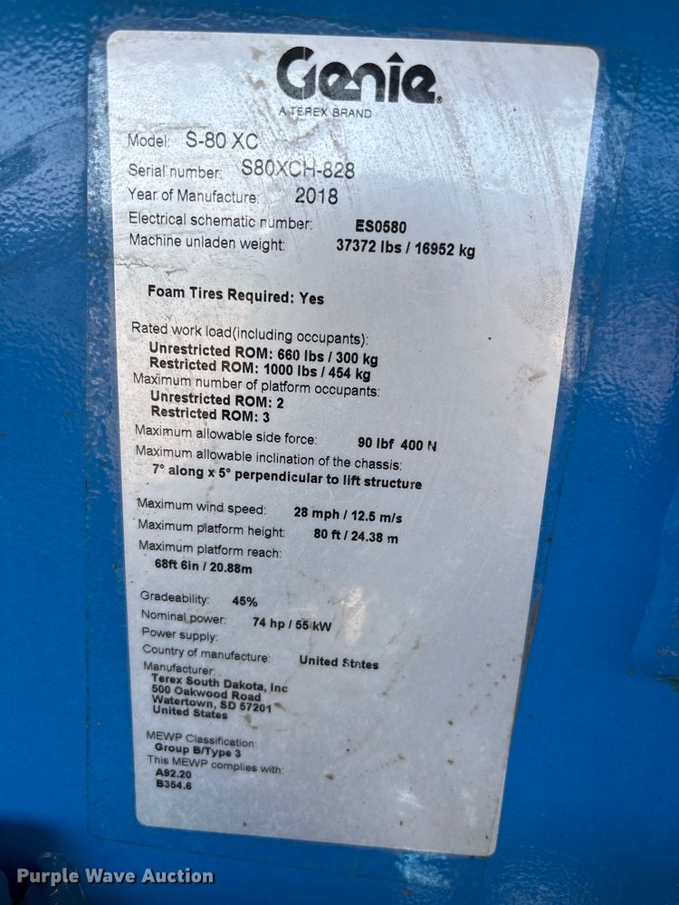 image for item EM8614 2018 Genie S-80 XC boom lift