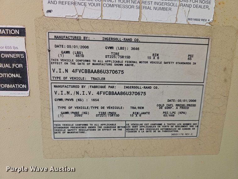 image for item EO7301 2006 Ingersoll Rand 185 air compressor